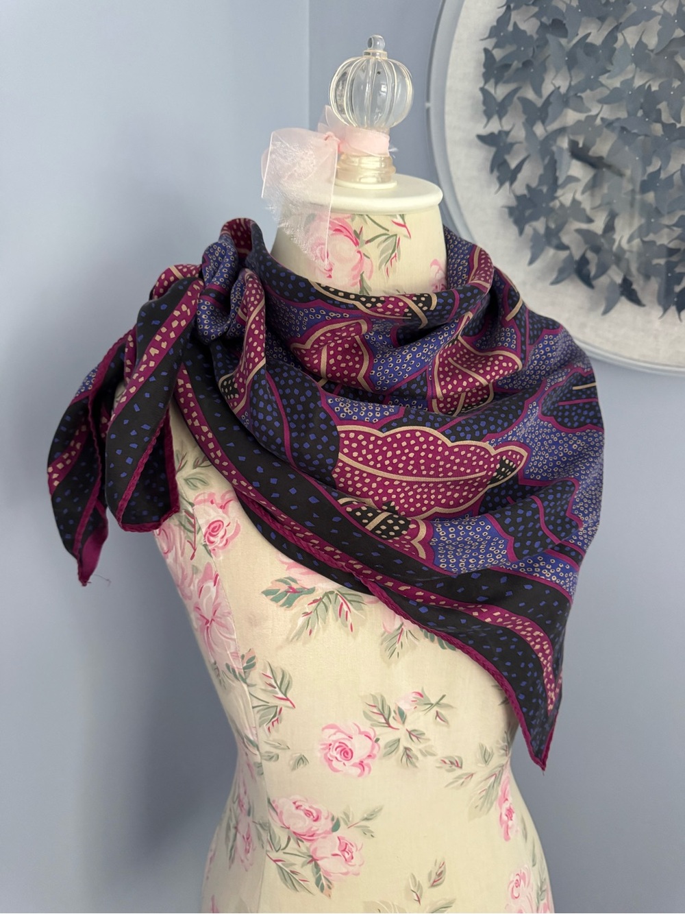 Vintage Purple and Magenta Patterned Silk Scarf